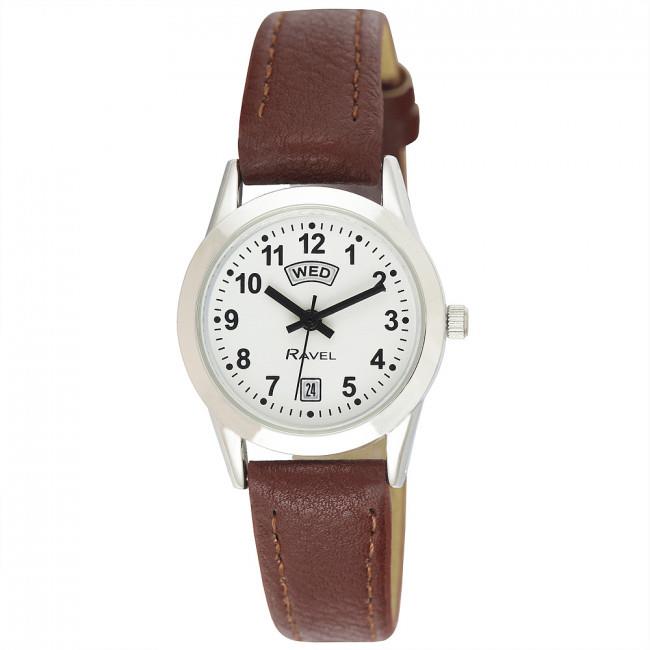 Ravel Ladies Stainless Steel Day/Date Brown Faux Leather Strap Watch R0706.41.2
