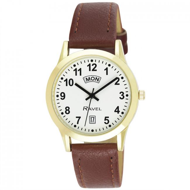 Ravel Gents Gilt Day/Date Brown Faux Leather Strap Watch R0706.42.1