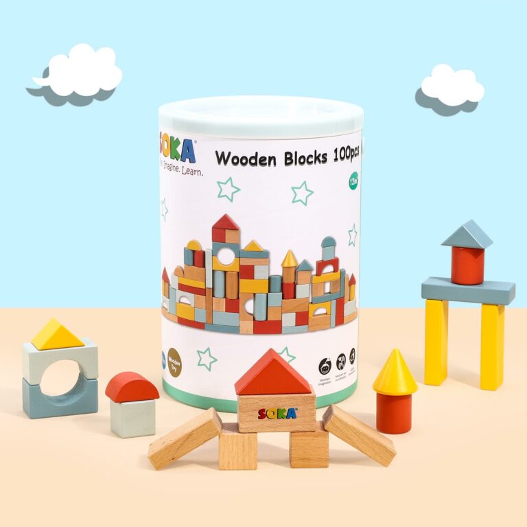 SOKA 100 pcs Wooden Building Blocks Neutral Coloured Shape Bricks Toy 12 Months+