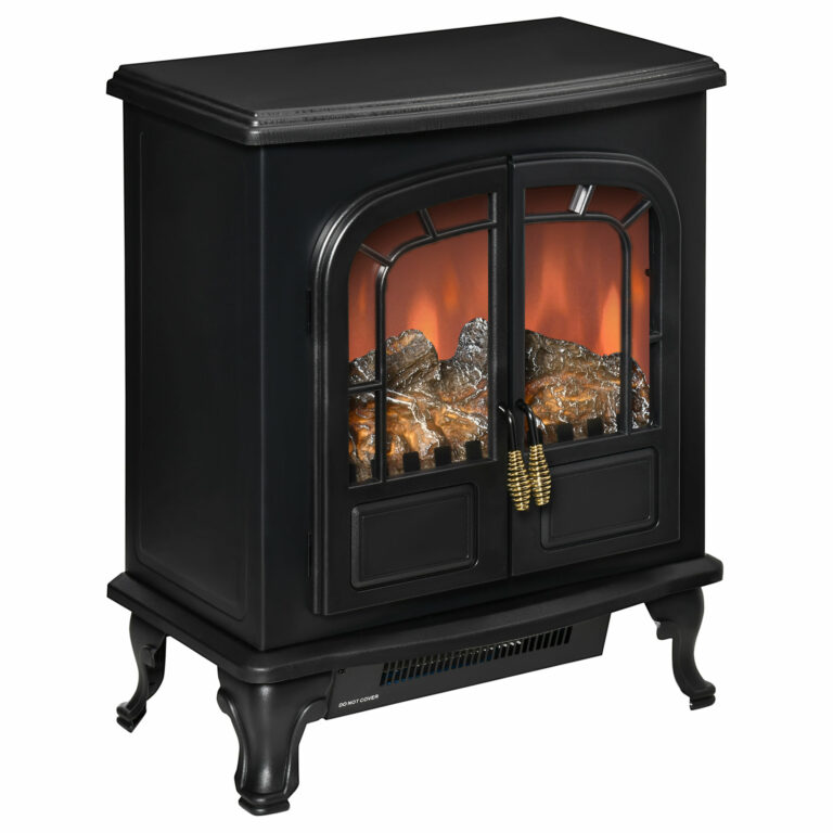 Electric Fireplace LED Fire Flame Effect, Double Door, 1000W/2000W, Black