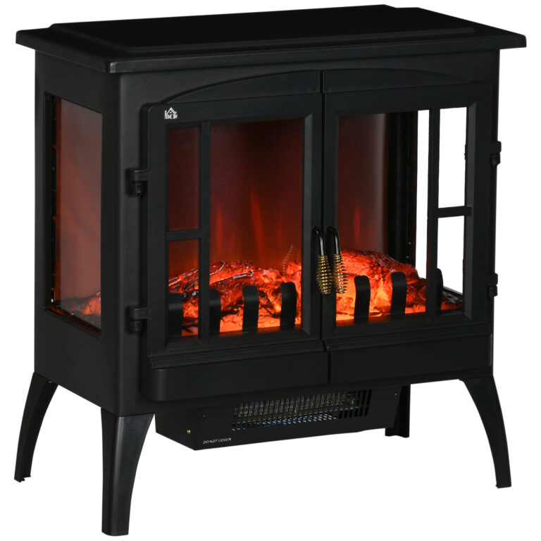 3-Sided Electric Fireplace Heater, Quiet LED Flame Effect, 1000W/2000W, Black