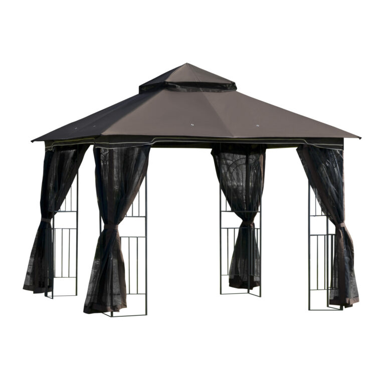 Gazebo 3x3m Patio Canopy Double Tier Roof, Mesh Curtains Coffee
