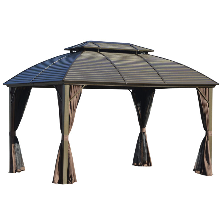 3.65 3m Hardtop Steel Gazebo Alloy Frame, Double Roof, Net Curtains, Brown