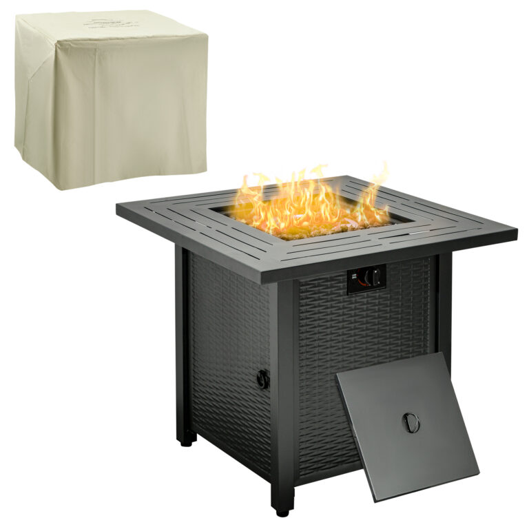 Square Propane Gas Fire Pit Table Rattan Smokeless Patio Heater Lava Rocks & Lid