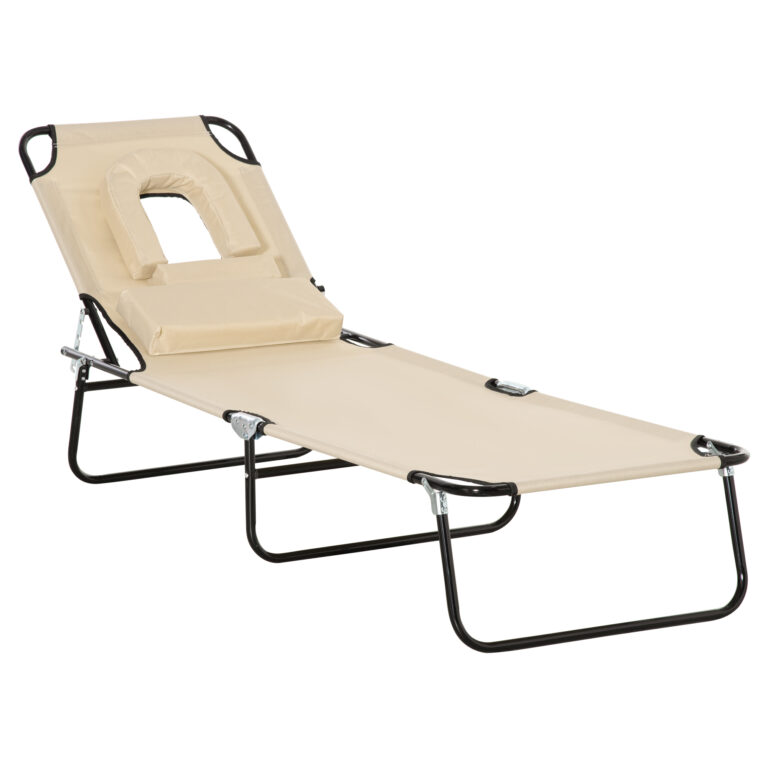 Sun Lounger Foldable Reclining Chair & Reading Hole Recliner Adjustable, Beige