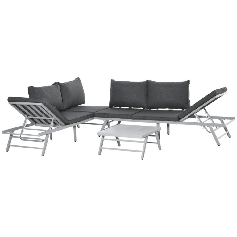 3Pc Garden Seating Set w/ Convertible Sofa Lounge Table Grey Coffee