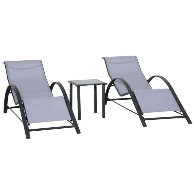 3Pc Garden Recliner Sunbathing Chair with Table, Light Grey
