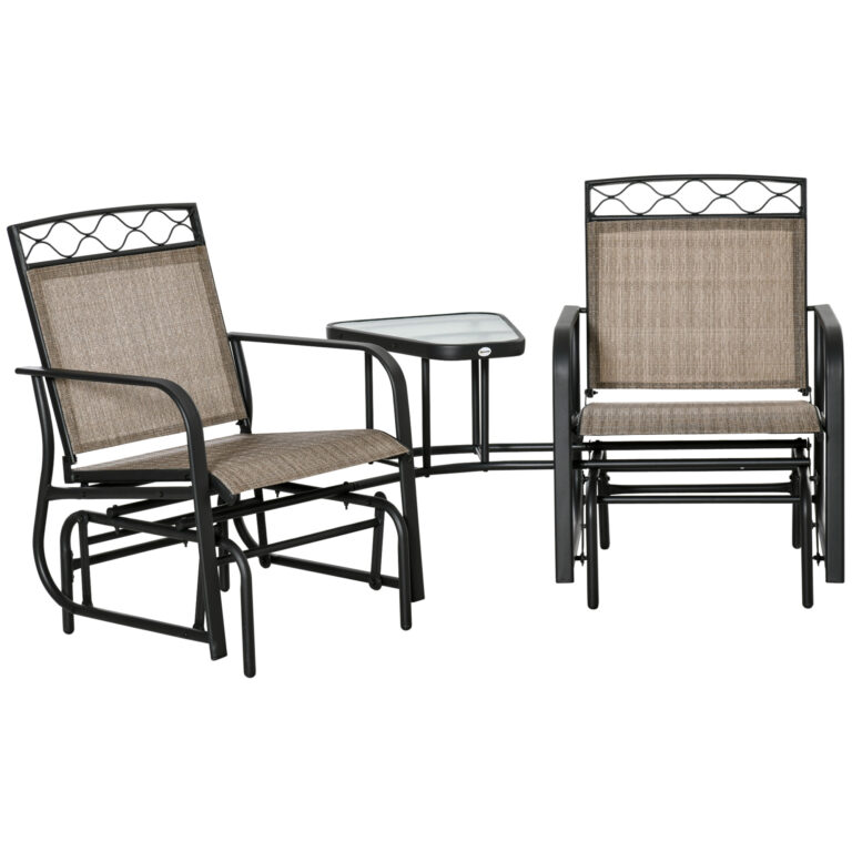 Glider Chair, 2 Seater Patio Rocking Chairs, Tempered Glass Table, Brown