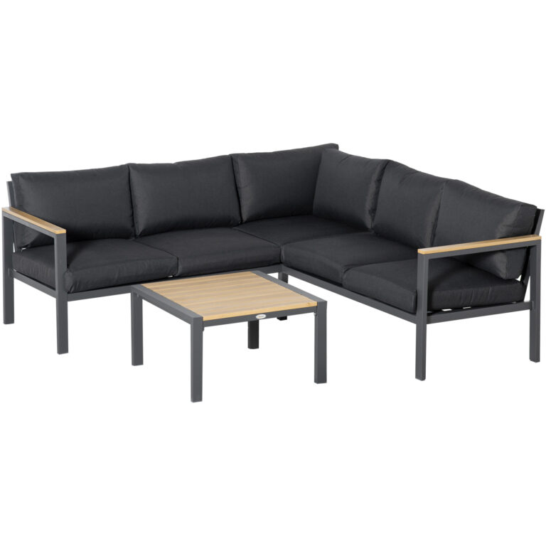 5 Seater L Shape Aluminium Corner Sofa Set Table, Dark Grey