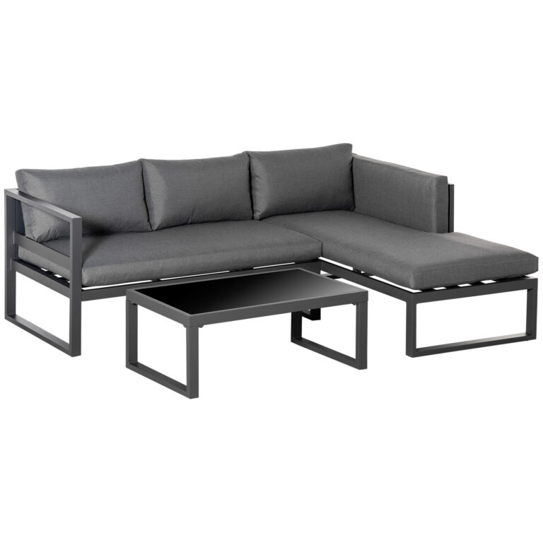 3 PC L-shape Aluminium Garden Corner Sofa Set Cushions, Glass Table, Grey