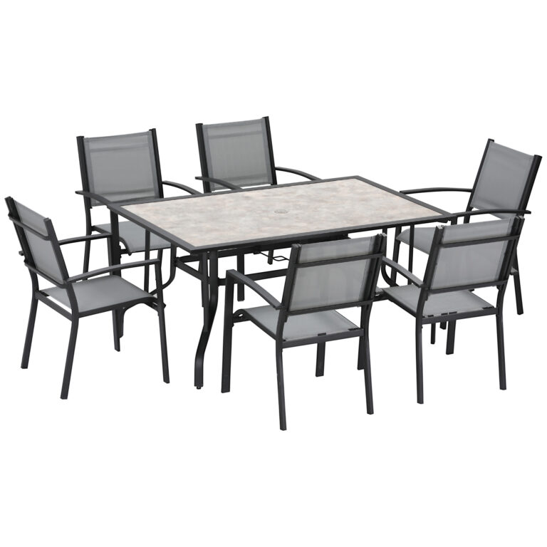 7 Piece Garden Dining Set, Table with Parasol Hole,Texteline Grey