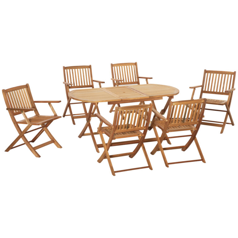 7Pc Wooden Garden Dining Set with Umbrella Hole, Folding Table 6 Seat Teak