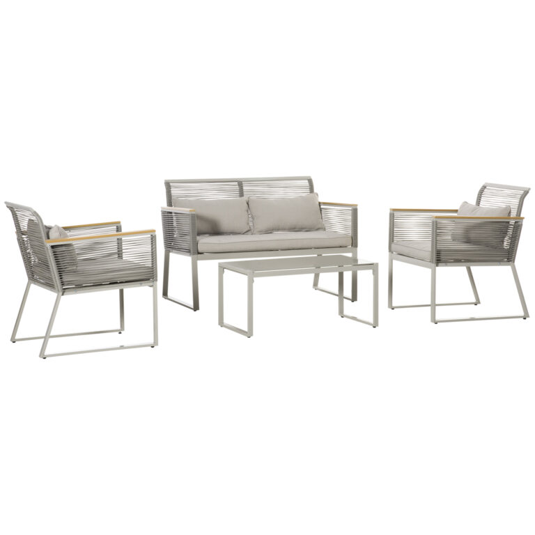 4-Seater Patio Wicker Sofa, Metal Frame PE Rattan Tempered Glass Table Grey