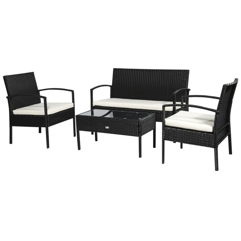 4-Seater Rattan Garden Furniture Set Black Cream Outdoor Patio Bistro