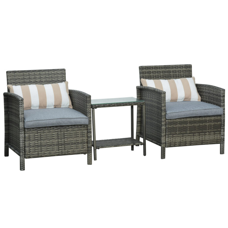 Outsunny 2-Seater PE Rattan Side Table & Armchair Set w/ Pillows Grey