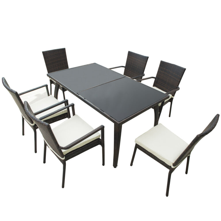 6-Seater Brown Rattan Garden Furniture Tempered Glass Table