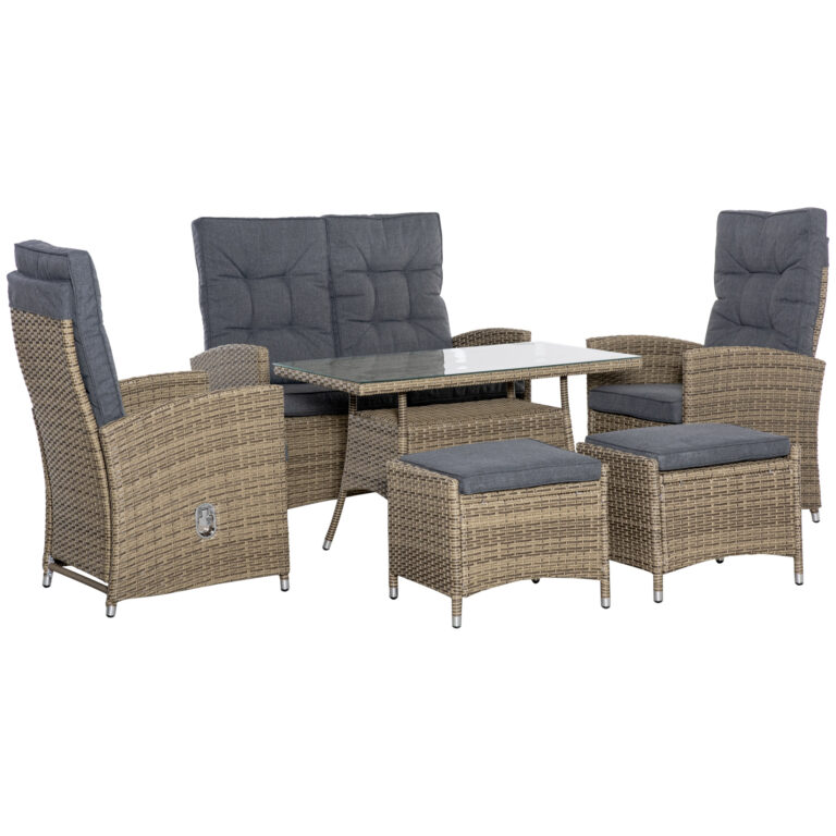 6 Pieces PE Rattan Dining Set, Tempered Glass Table Mixed Grey