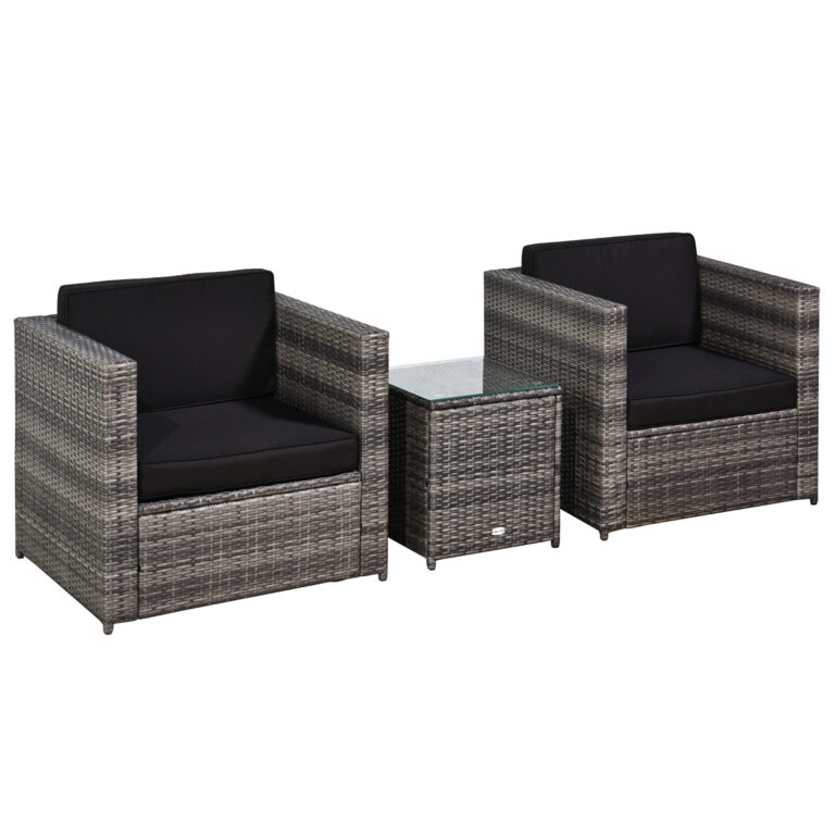 Outsunny 2 Seater Rattan Sofa Furniture Set W/Cushions, Steel Frame-Grey