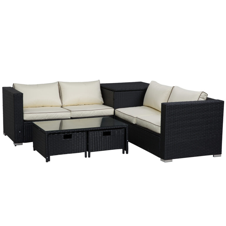4-Seater Rattan Wicker Garden Patio Sofa Storage & Table Set Black