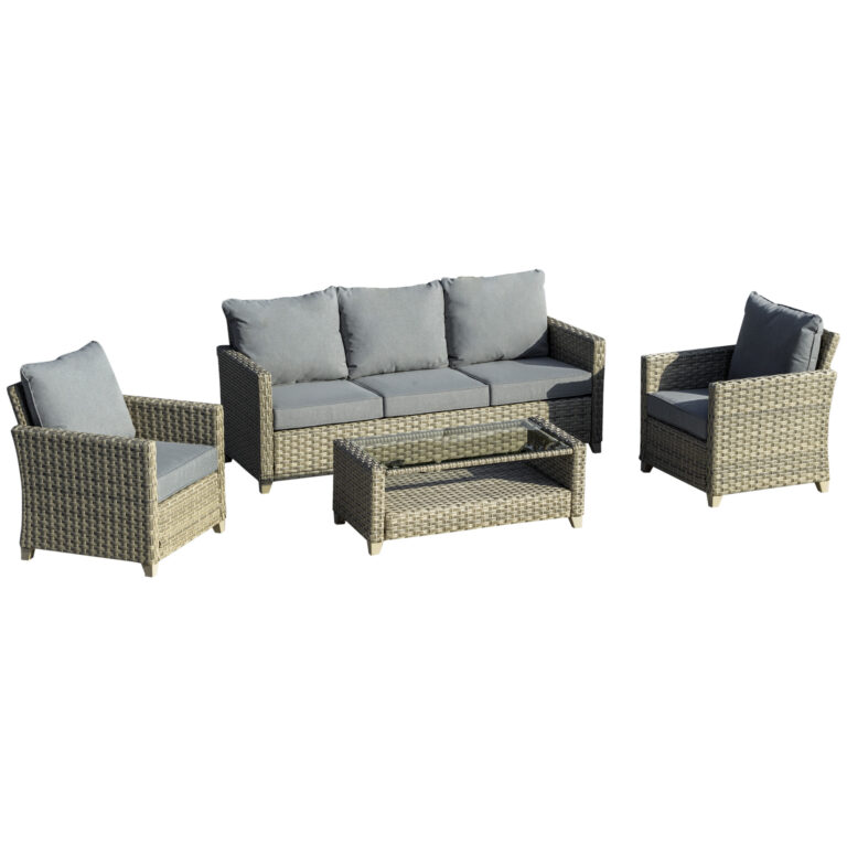 5 Seat Sofa Set, PE Rattan Aluminium Frame Cushion & 2-Tier Table, Brown