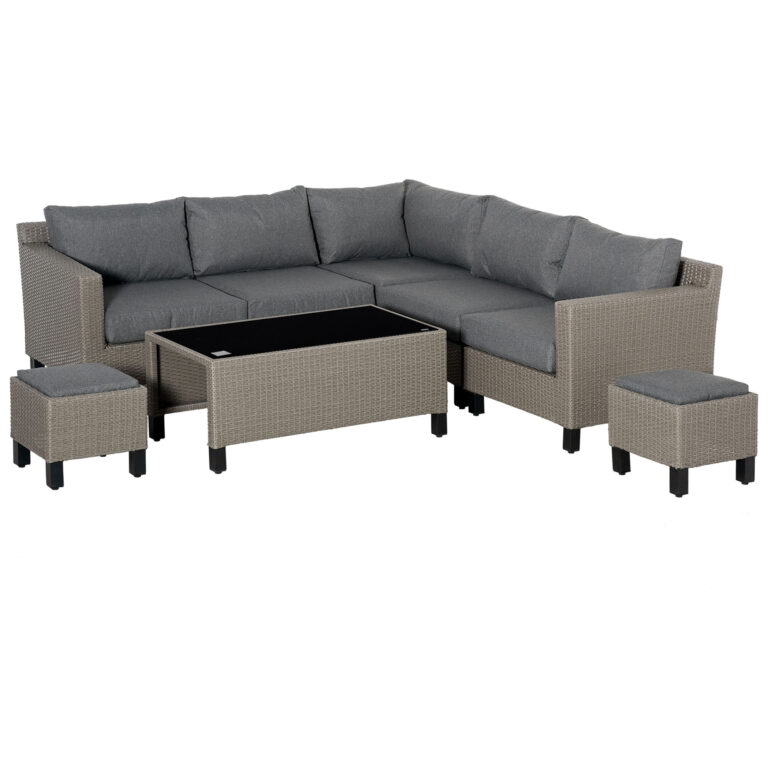 7-Seat PE Rattan Sofa Set, Tempered Glass Coffee Table & Cushions Grey