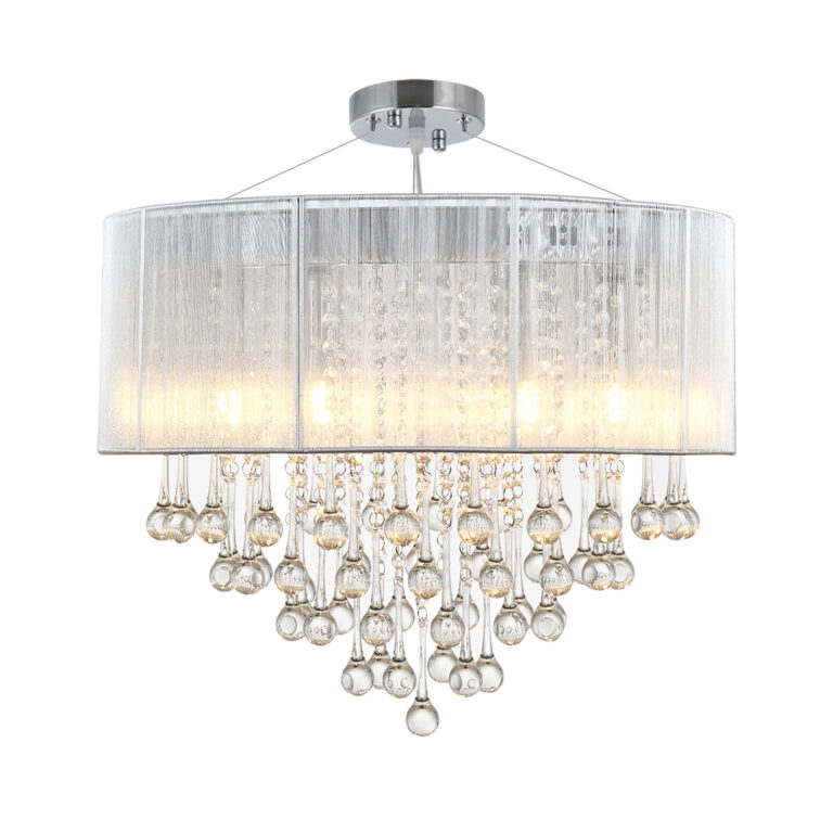 Crystal Glass Droplet Ceiling Pendant w/ Drum Shade Silver