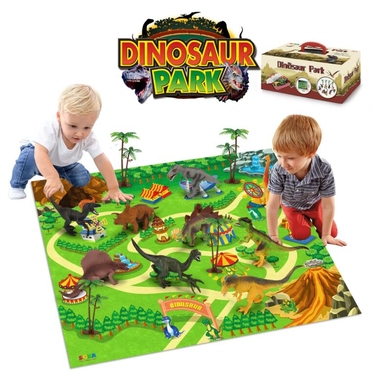 SOKA Realistic Dinosaur Toy Figure Set with Activity Play Mat & Trees for kids – Includes TRex Triceratops Velociraptor