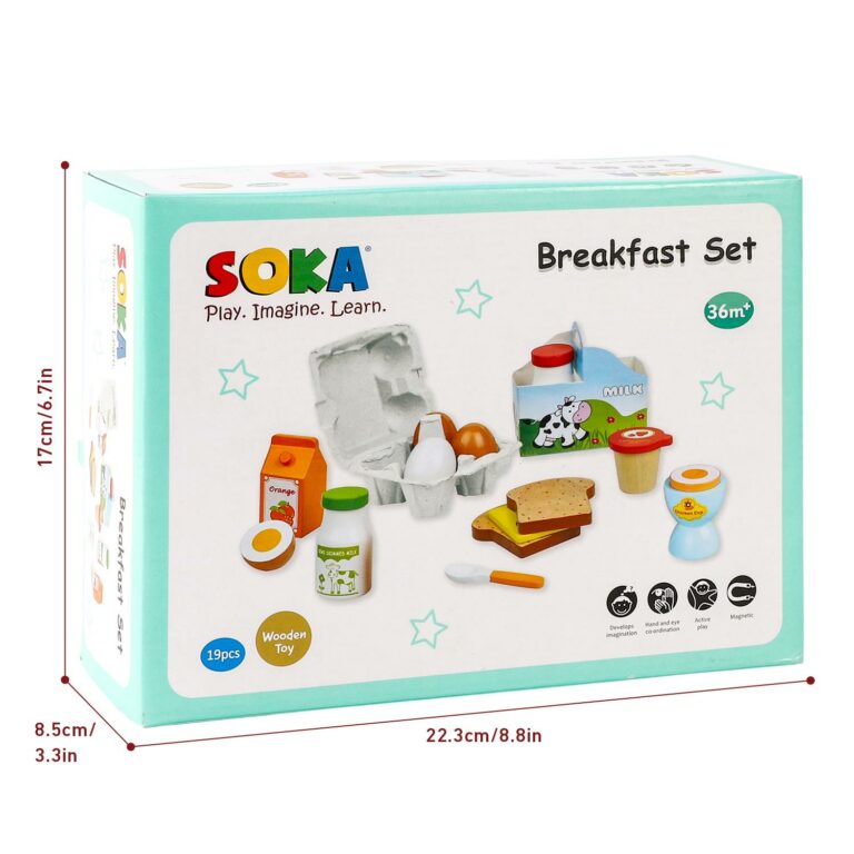 SOKA Wooden Breakfast Set 19 PCS Pretend Play Toys Toast Eggs Milk for Kids 3+