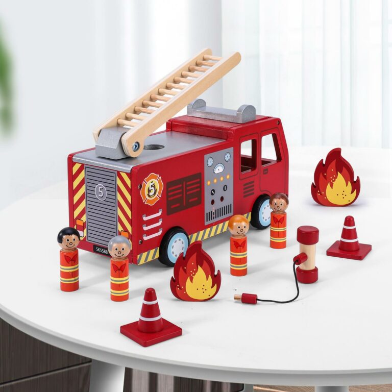SOKA Wooden Fire Engine Truck with Firefighter Figurines Vehicle Toy for Kids 3+