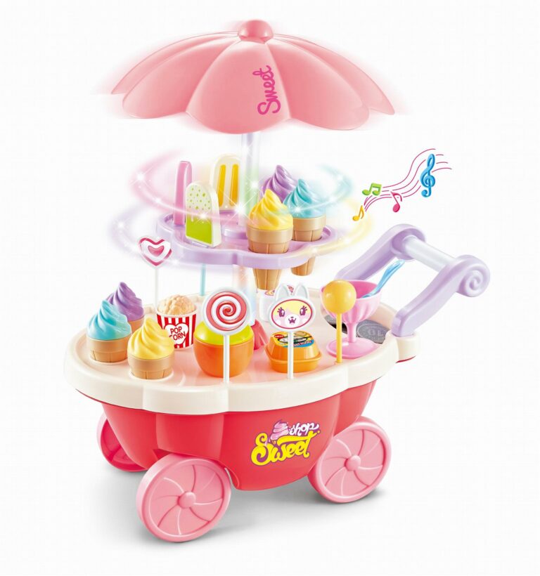 SOKA 36 Pcs Kids Ice Cream Trolley with Light and Sound – Pretend Play Food Toy