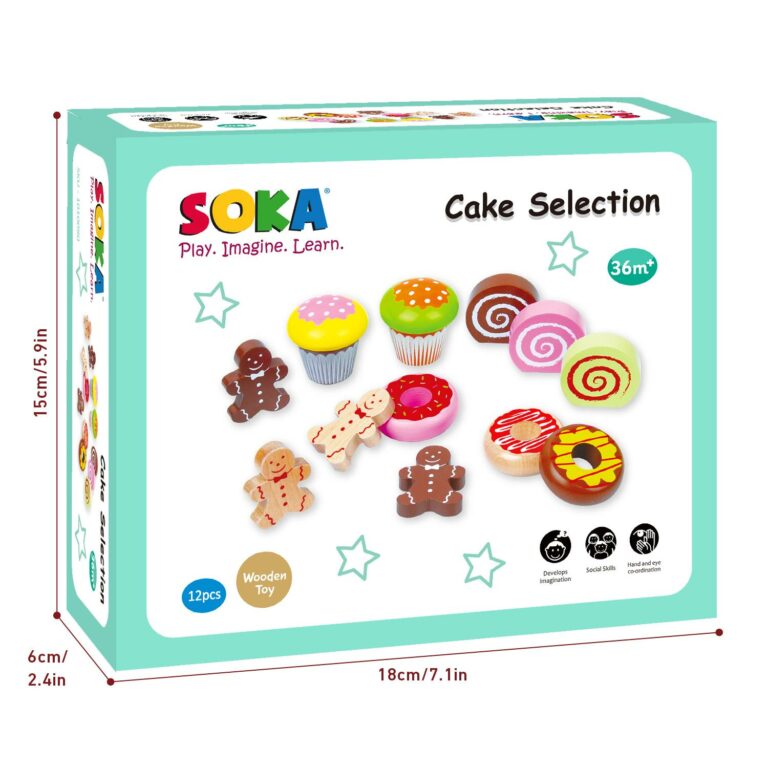 SOKA Cake Collection Wooden Set 12 PCS Pretend Play Toys Tea Party for Kids 3+