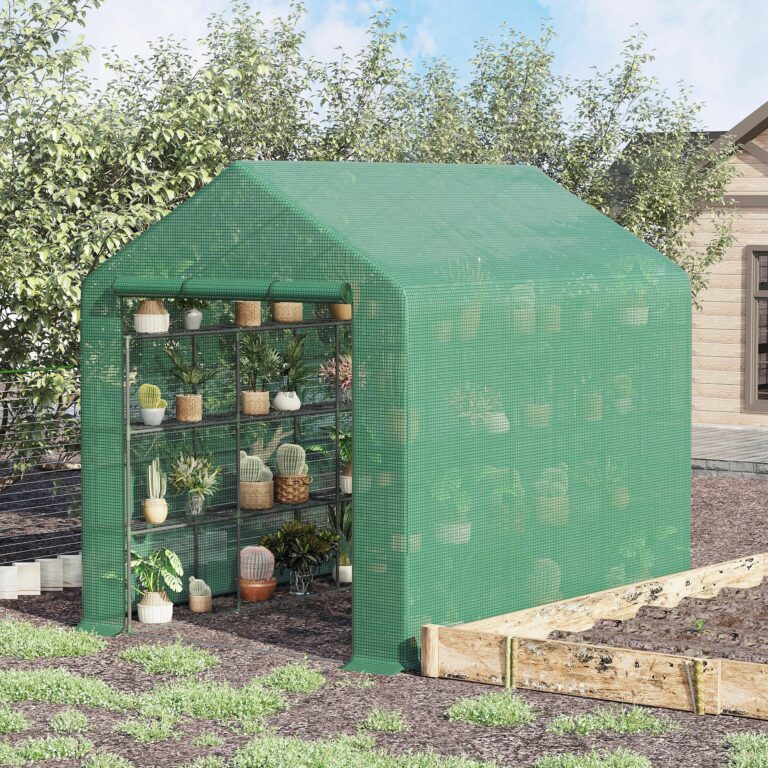 Poly Tunnel Steeple Walk in Greenhouse Removable Cover Shelves 244x180x210cm