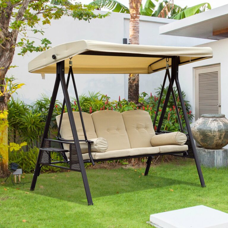 Steel Swing Chair Hammock Garden 3 Seater Canopy Cushion Shelter Beige