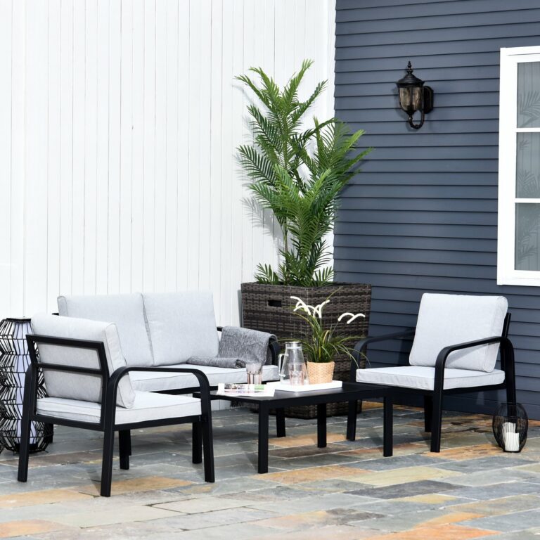 4 Pcs Garden Dining Set & 2 Chairs Sofa Glass Top Table Foam Cushions Grey Black