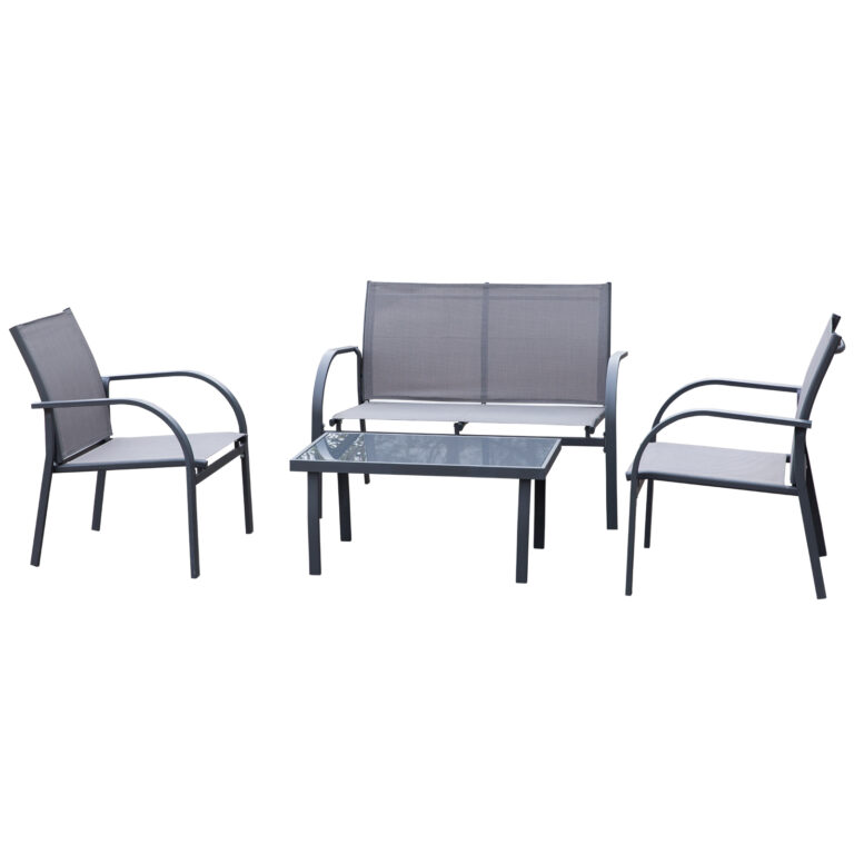 4 Pcs Dining Set & Loveseat 2 Chairs Glass Top Table Seats Garden Grey