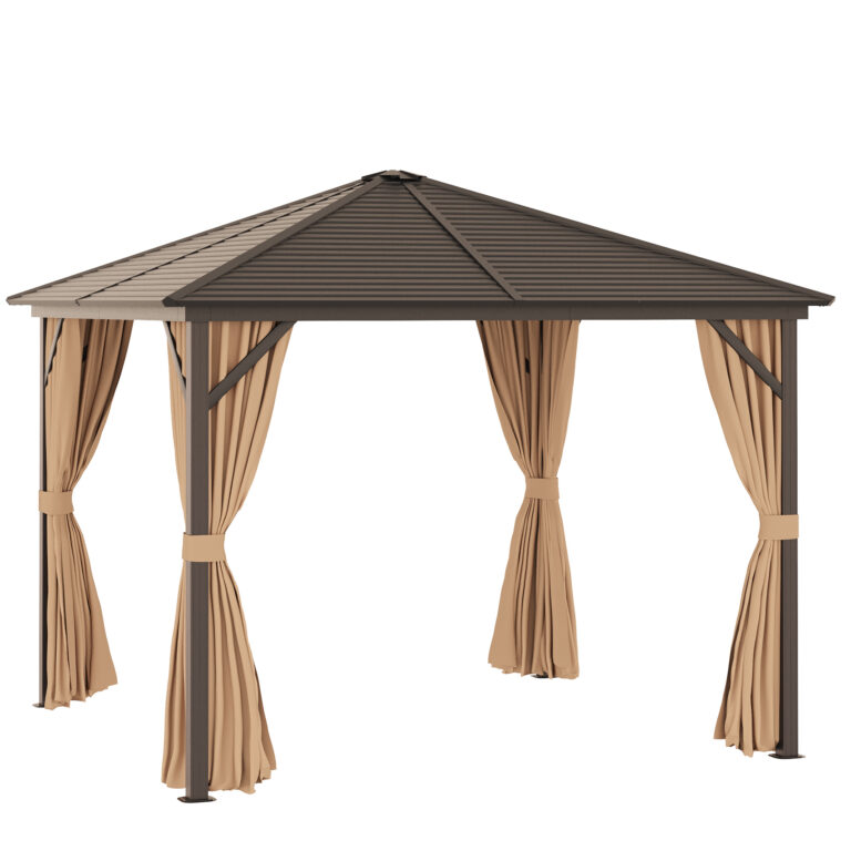 3×3 Mts Patio Aluminium Gazebo Hardtop Metal Roof Canopy Party Tent – Brown