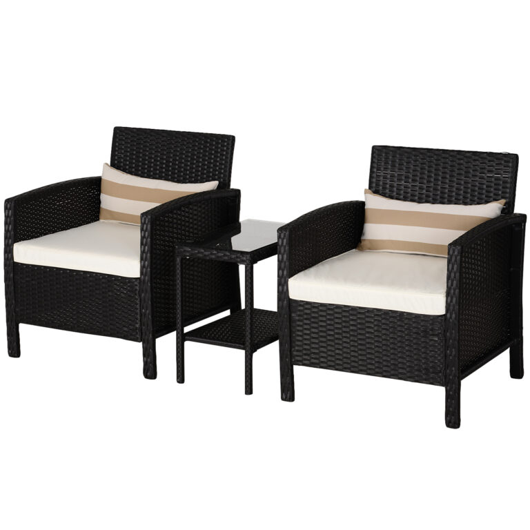 2-Seater PE Rattan Side Table & Armchair Bistro Set w/ Pillows Black