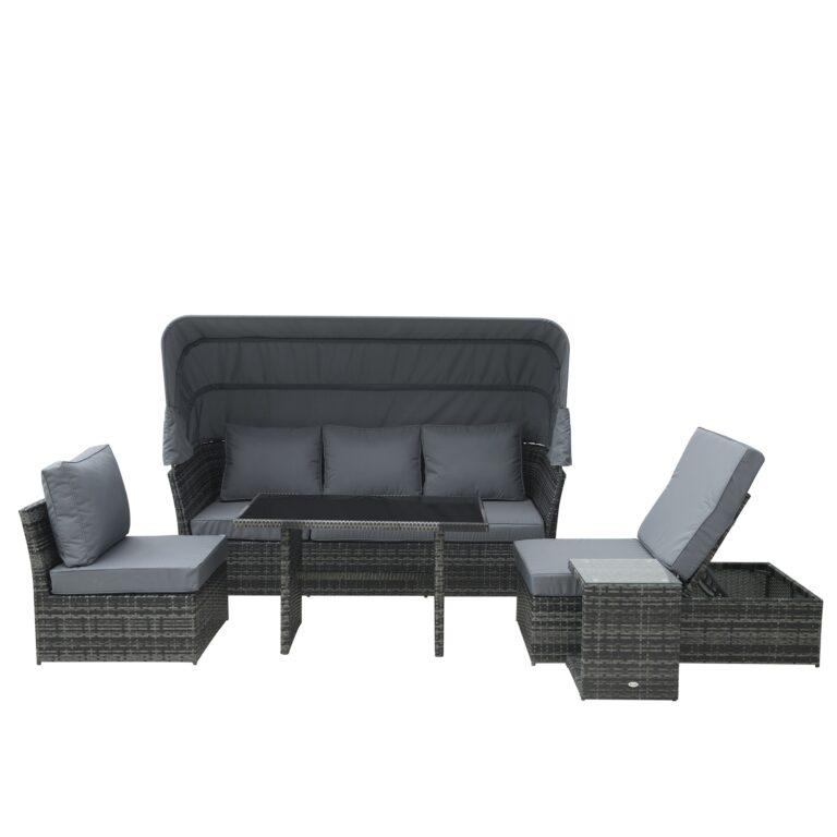 5 PCS Rattan Sofa Sets Side Table Dining Table Set & Cushions, Mixed Grey