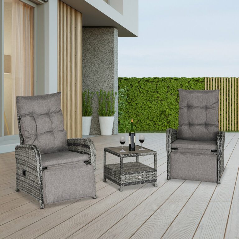 3 Pcs Rattan Chaise Lounge Sofa Set Bistro & Cushion Mixed Grey