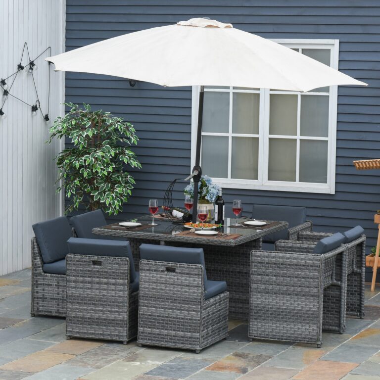 9 PCs Rattan Dining Table Chair Set 8-seater Cube Sofa & Umbrella Table Grey