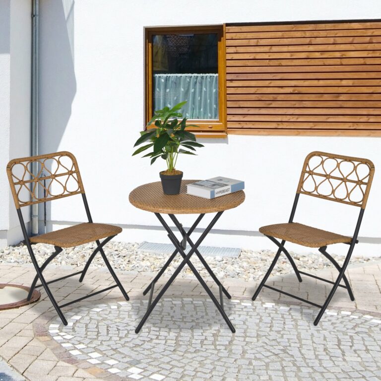 3 PCS Rattan Wicker Set Easy Folding, Hand Woven Rattan Coffee Table & Chairs