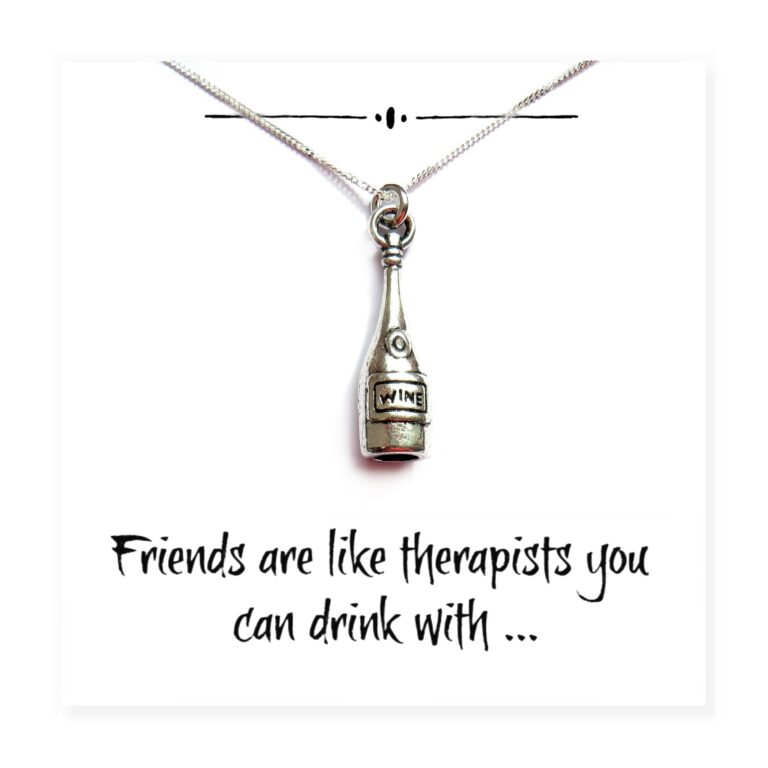 Friends Funny Wine Bottle Charm Necklace on Message Card