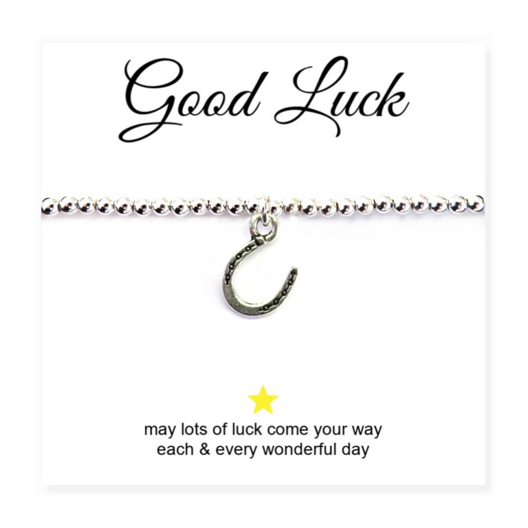 Horseshoe Charm Silver Beaded Bracelet with Good Luck Message Card