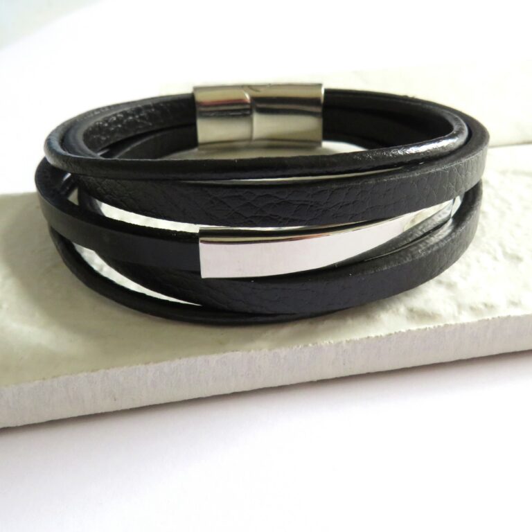 Men’s Black Leather Bar Bracelet