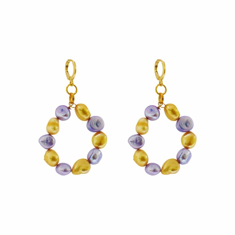 Splendour, gold and purple freshwater pearl hoop earrings