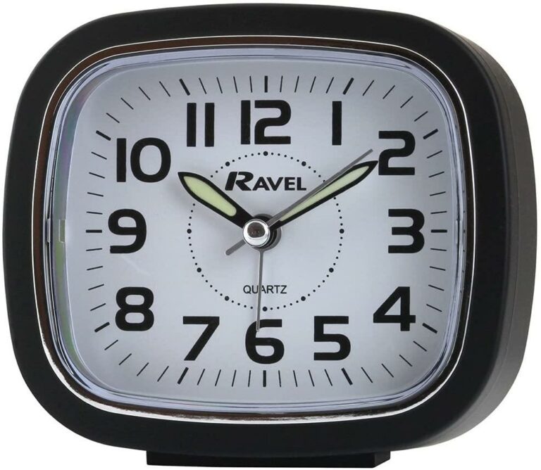 Ravel LED light Quartz Travel Alarm Clock. Black Beep Alarm Snooze