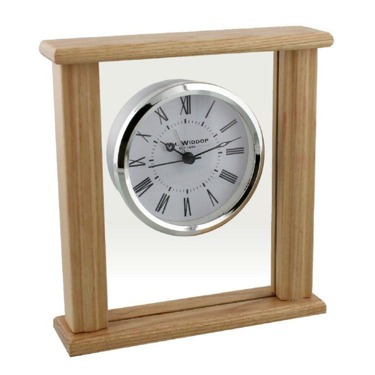 W2771 WIDDOP Wood & Glass Mantel Clock Roman Silver Bezel