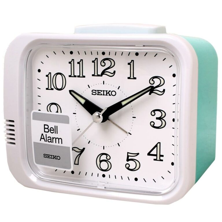 Seiko Bell Bedside Quiet Night Silent Alarm Clock Aqua Green/White QHK058W