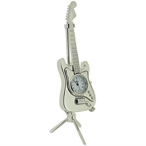 Miniature Clock Silver Electric Standing Guitar with stand Solid Brass IMP85S