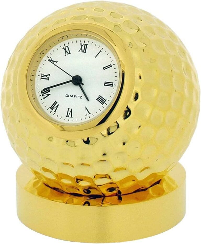 Miniature Clock Goldtone Metal Golf Ball on Stand Solid Brass IMP25